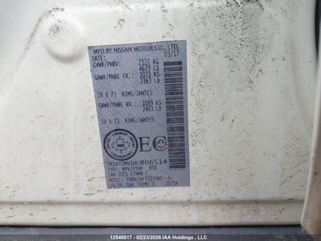 5N1AT2MV1HC806514 Nissan Rogue Sv/sl