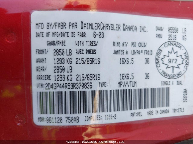 Aukcja sprzedaży 2003 Dodge Grand Caravan Sport, vin: 2D4GP44R53R370836, numer aukcji: 12548848