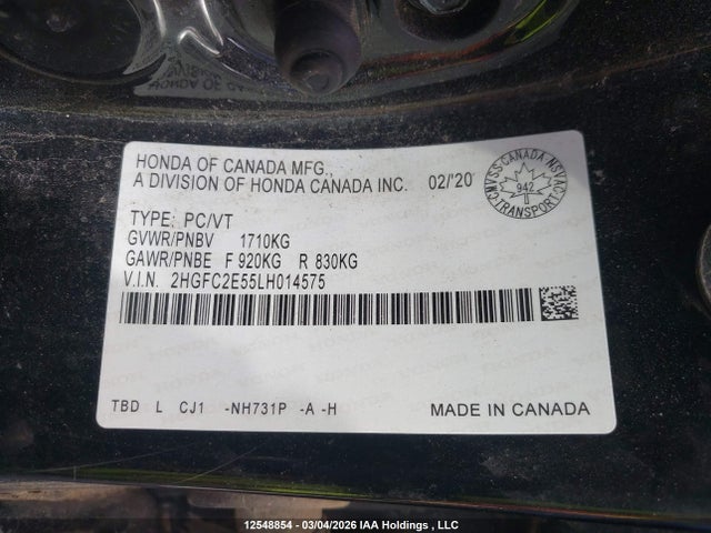 Продажа на аукционе авто 2020 Honda Civic Lx, vin: 2HGFC2E55LH014575, номер лота: 12548854