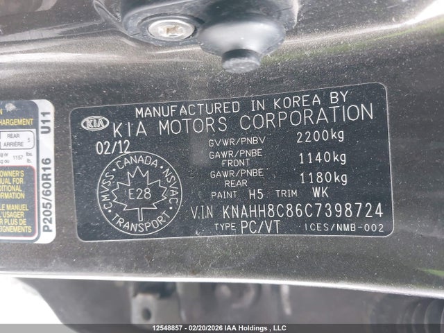 Aukcja sprzedaży 2012 Kia Rondo, vin: KNAHH8C86C7398724, numer aukcji: 12548857