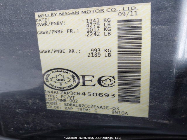 12548879 :رقم المزاد ، 1N4AL2AP3CN450693 vin ، 2012 Nissan Altima S مزاد بيع