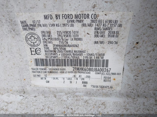 12548882 :رقم المزاد ، 2FMHK6D80JBA00267 vin ، 2018 Ford Flex Limited مزاد بيع