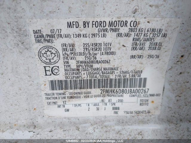 12548882 :رقم المزاد ، 2FMHK6D80JBA00267 vin ، 2018 Ford Flex Limited مزاد بيع