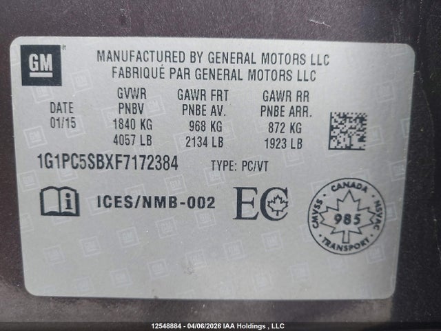 1G1PC5SBXF7172384 Chevrolet Cruze 1lt