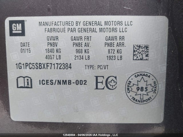 1G1PC5SBXF7172384 Chevrolet Cruze 1lt