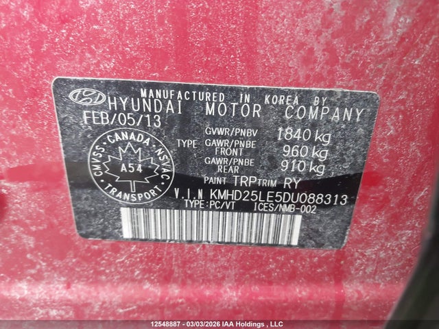 Продажа на аукционе авто 2013 Hyundai Elantra Gt Gl, vin: KMHD25LE5DU088313, номер лота: 12548887
