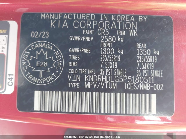 12548892 :رقم المزاد ، KNDRHDLG5P5180511 vin ، 2023 Kia Sorento Hybrid Ex مزاد بيع