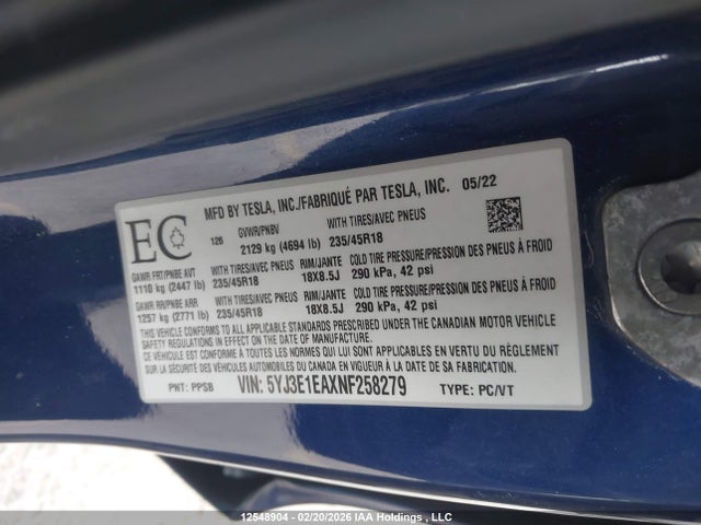 5YJ3E1EAXNF258279 Tesla MODEL 3