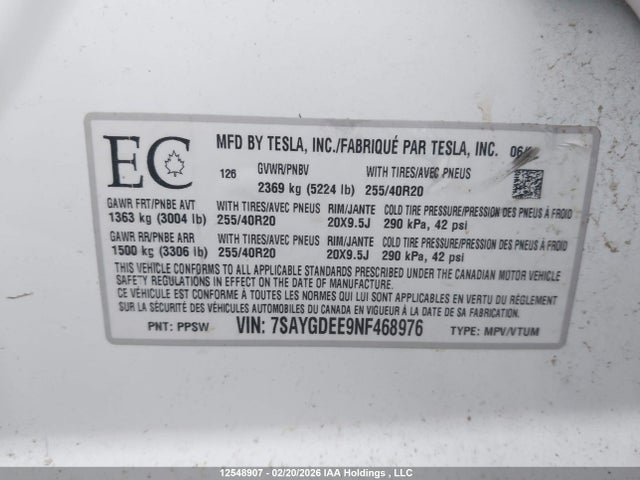 7SAYGDEE9NF468976 Tesla Model Y