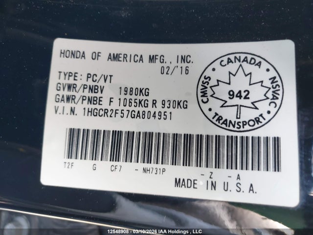 1HGCR2F57GA804951 Honda Accord Sport