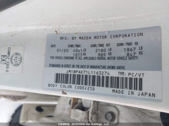 JM1BPAK71L1163274 Mazda Mazda3 Gx