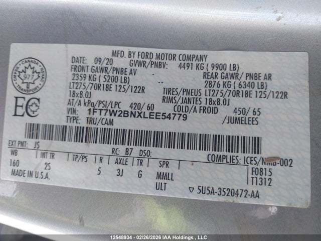 Продаж на аукціоні авто 2020 Ford F250 Super Duty, vin: 1FT7W2BNXLEE54779, номер лоту: 12548934
