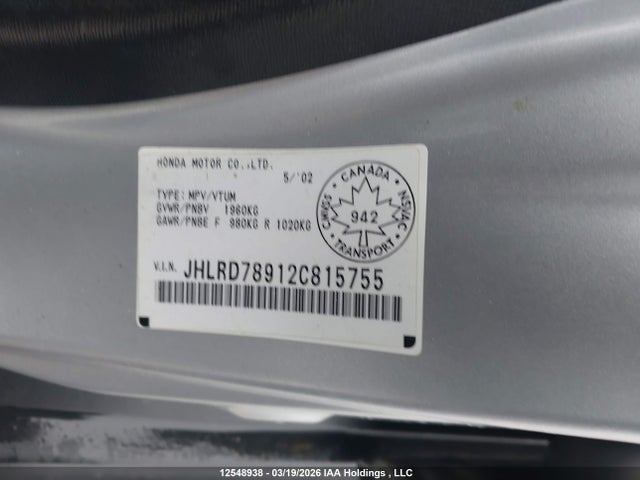 Aukcja sprzedaży 2002 Honda Cr-v Ex, vin: JHLRD78912C815755, numer aukcji: 12548938