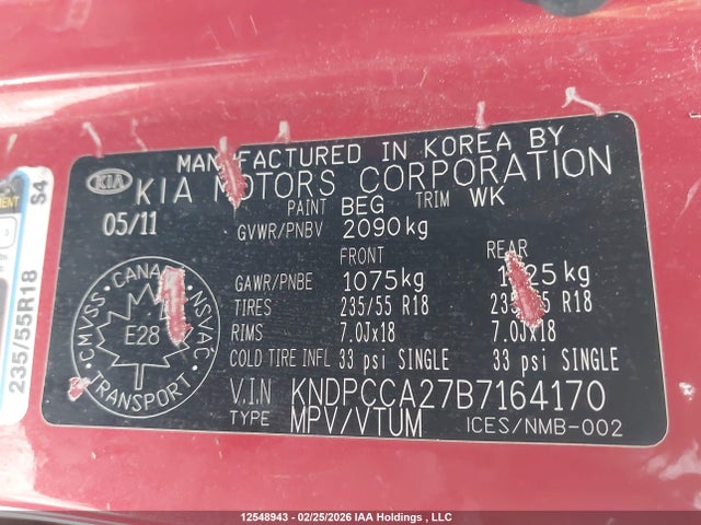 12548943 :رقم المزاد ، KNDPCCA27B7164170 vin ، 2011 Kia Sportage Ex/sx مزاد بيع