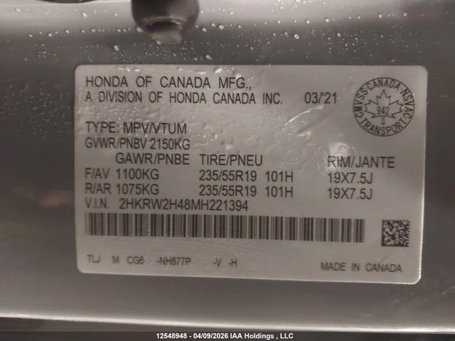 2HKRW2H48MH221394 Honda Cr-v Sport