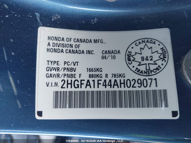Aukcja sprzedaży 2010 Honda Civic Dx-g, vin: 2HGFA1F44AH029071, numer aukcji: 12548958