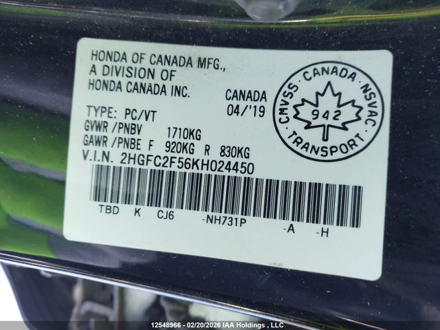 2019 Honda Civic Lx მანქანა იყიდება აუქციონზე, vin: 2HGFC2F56KH024450, აუქციონის ნომერი: 12548966