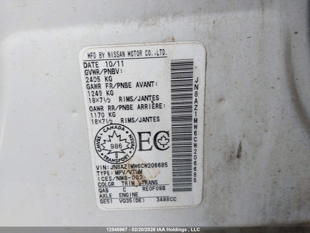 Продаж на аукціоні авто 2012 Nissan Murano S/sl/le, vin: JN8AZ1MW6CW206685, номер лоту: 12548967