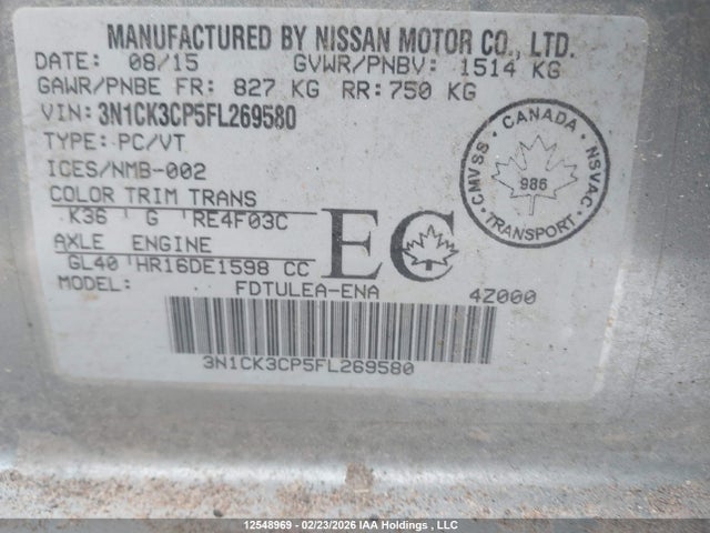 12548969 :رقم المزاد ، 3N1CK3CP5FL269580 vin ، 2015 Nissan Micra مزاد بيع