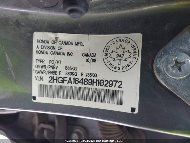 Aukcja sprzedaży 2009 Honda Civic Dx-g, vin: 2HGFA16489H102972, numer aukcji: 12548972