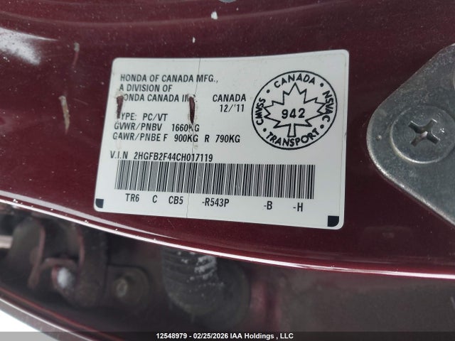Продажа на аукционе авто 2012 Honda Civic, vin: 2HGFB2F44CH017119, номер лота: 12548979