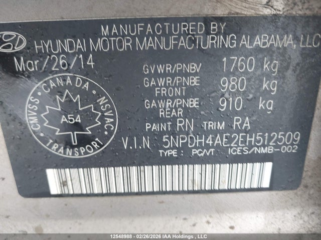 Продаж на аукціоні авто 2014 Hyundai Elantra Se/sport/limited, vin: 5NPDH4AE2EH512509, номер лоту: 12548988