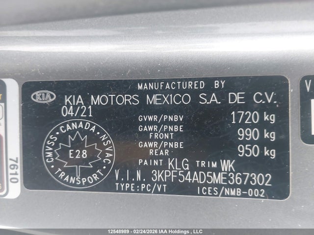 3KPF54AD5ME367302 KIA FORTE EX