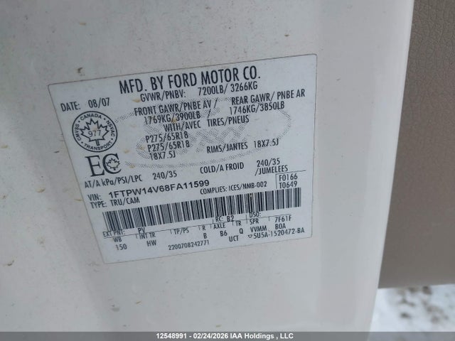 2008 Ford F150 Supercrew მანქანა იყიდება აუქციონზე, vin: 1FTPW14V68FA11599, აუქციონის ნომერი: 12548991