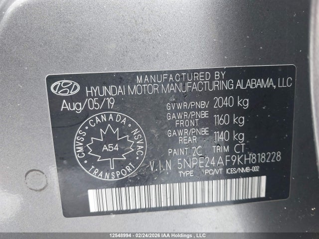 5NPE24AF9KH818228 Hyundai Sonata Essential