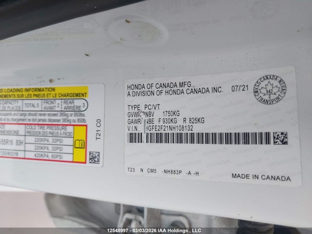 2HGFE2F21NH108132 Honda Civic Lx