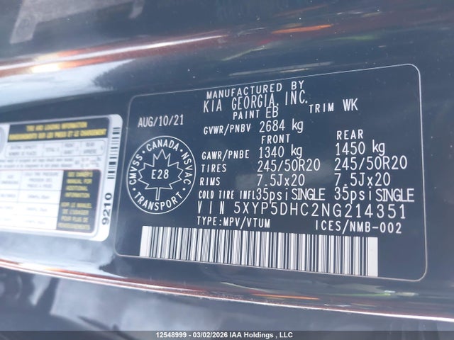 5XYP5DHC2NG214351 KIA Telluride Sx