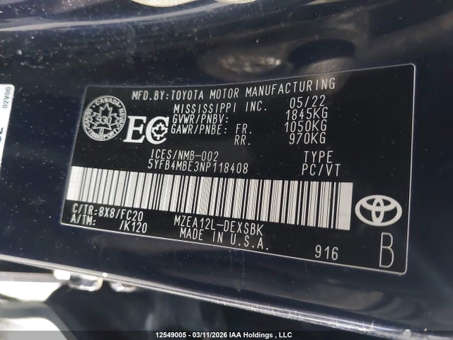 Продажа на аукционе авто 2022 Toyota Corolla Se, vin: 5YFB4MBE3NP118408, номер лота: 12549005