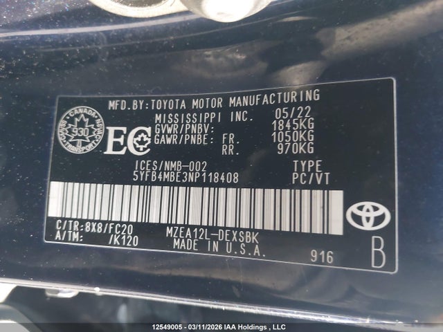 Продажа на аукционе авто 2022 Toyota Corolla Se, vin: 5YFB4MBE3NP118408, номер лота: 12549005