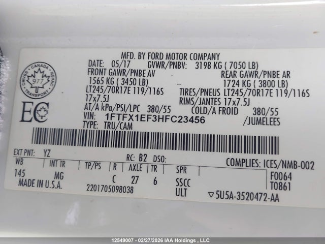Продажа на аукционе авто 2017 Ford F-150 Xlt, vin: 1FTFX1EF3HFC23456, номер лота: 12549007