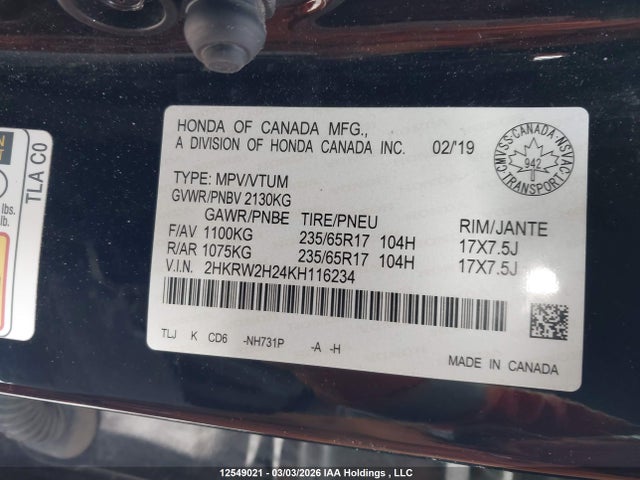 2HKRW2H24KH116234 Honda CR-V LX