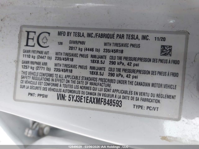 Aukcja sprzedaży 2021 Tesla Model 3 Standard Range/standard Range Plus, vin: 5YJ3E1EAXMF848593, numer aukcji: 12549029