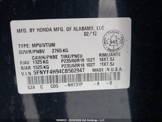 2012 Honda Pilot Touring მანქანა იყიდება აუქციონზე, vin: 5FNYF4H94CB502947, აუქციონის ნომერი: 12549032