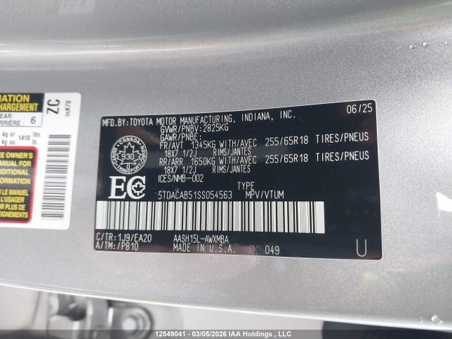 12549041 :رقم المزاد ، 5TDACAB51SS054563 vin ، 2025 Toyota Grand Highlander Hybrid Xle مزاد بيع