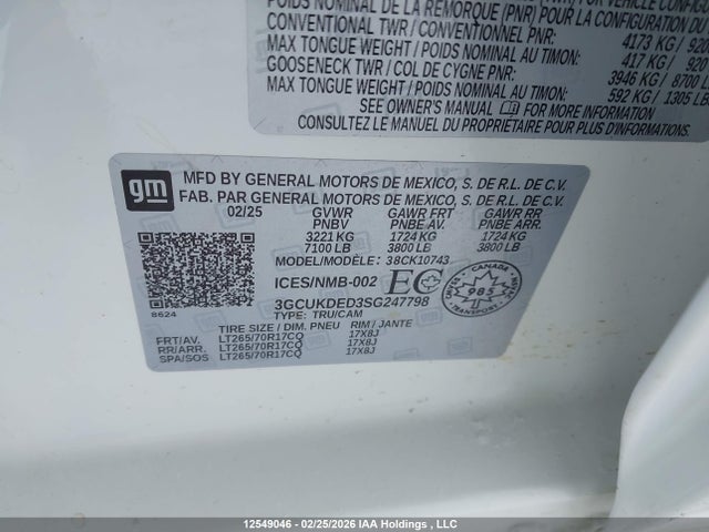 2025 Chevrolet Silverado K1500 Lt მანქანა იყიდება აუქციონზე, vin: 3GCUKDED3SG247798, აუქციონის ნომერი: 12549046