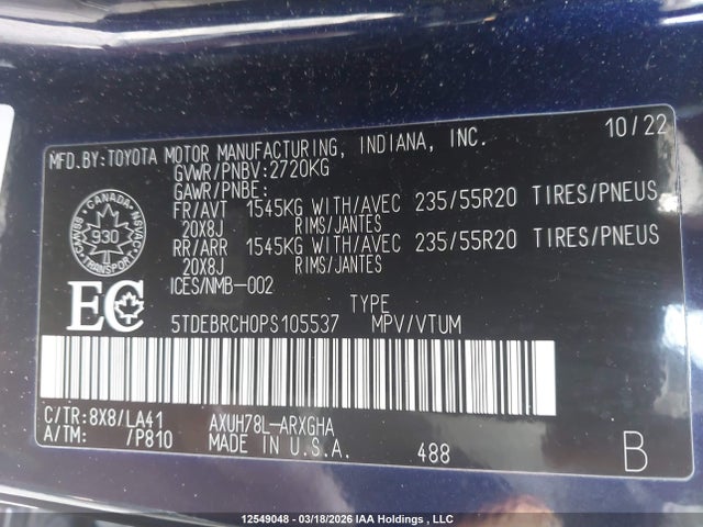 2023 Toyota Highlander Hybrid Limited მანქანა იყიდება აუქციონზე, vin: 5TDEBRCH0PS105537, აუქციონის ნომერი: 12549048