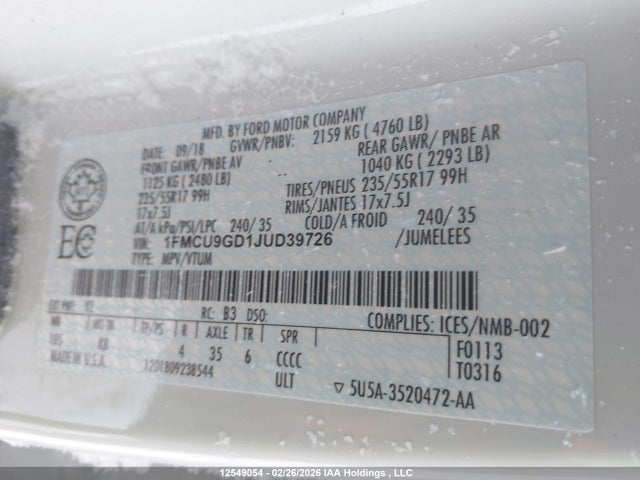 1FMCU9GD1JUD39726 Ford ESCAPE SE