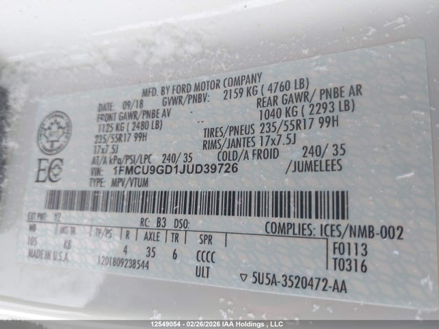 1FMCU9GD1JUD39726 Ford ESCAPE SE