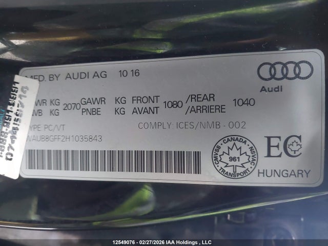 12549076 :رقم المزاد ، WAUB8GFF2H1035843 vin ، 2017 Audi A3 2.0t Komfort مزاد بيع