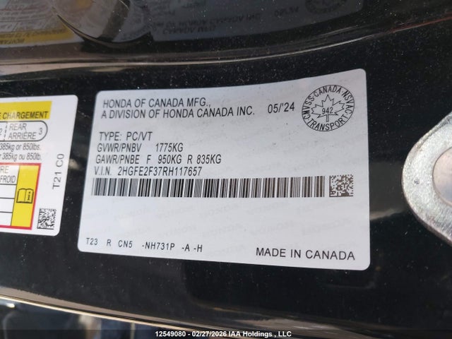 Продаж на аукціоні авто 2024 Honda Civic Ex, vin: 2HGFE2F37RH117657, номер лоту: 12549080