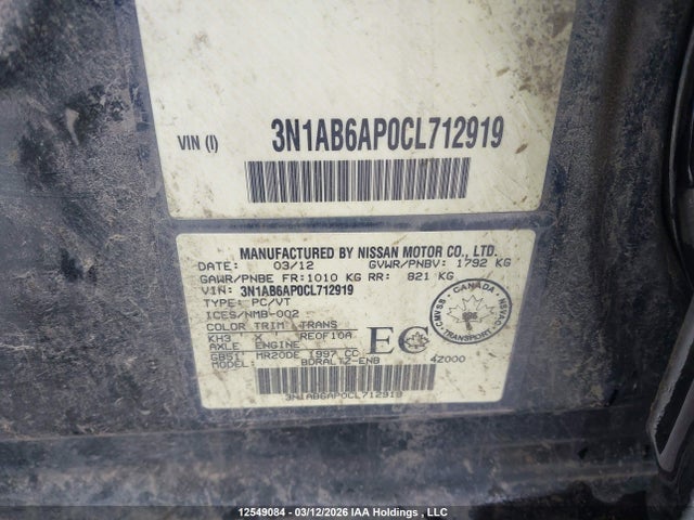 Aukcja sprzedaży 2012 Nissan Sentra 2.0/2.0s/sr/2.0sl, vin: 3N1AB6AP0CL712919, numer aukcji: 12549084