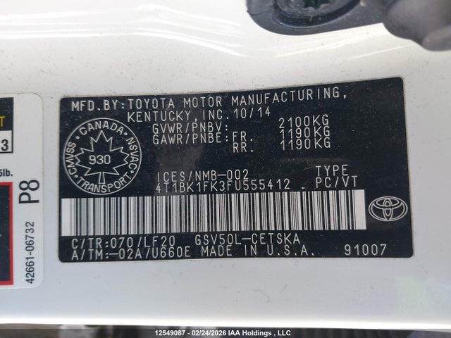 4T1BK1FK3FU555412 Toyota Camry Xse/xle