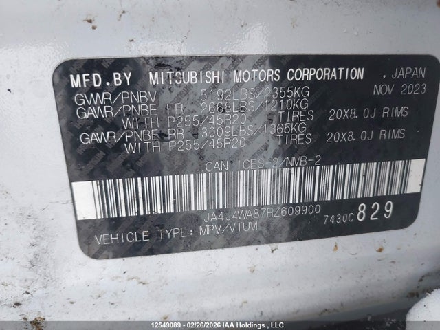JA4J4WA87RZ609900 Mitsubishi Outlander Gt/gt Noir/gt Premium