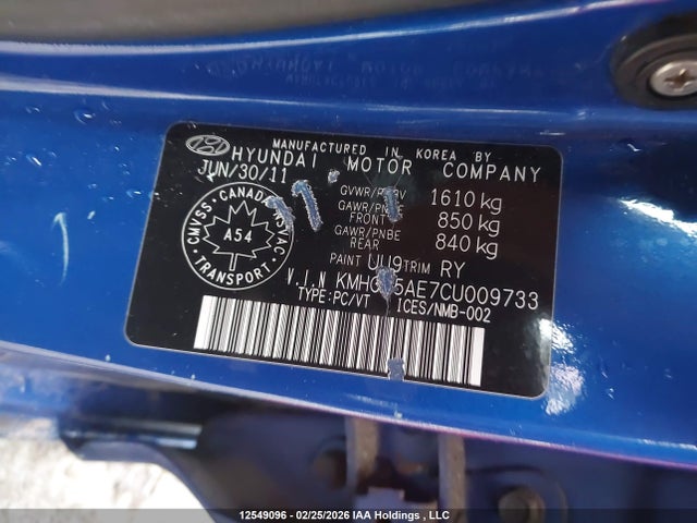 12549096 :رقم المزاد ، KMHCU5AE7CU009733 vin ، 2012 Hyundai Accent Gls مزاد بيع