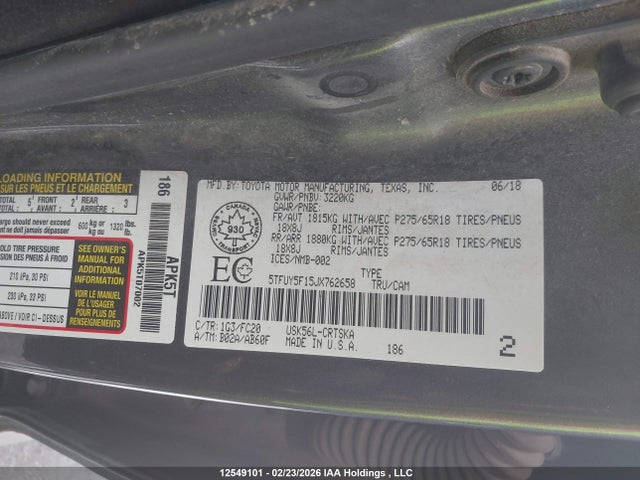 5TFUY5F15JX762658 Toyota Tundra Sr5 Plus 5.7l V8