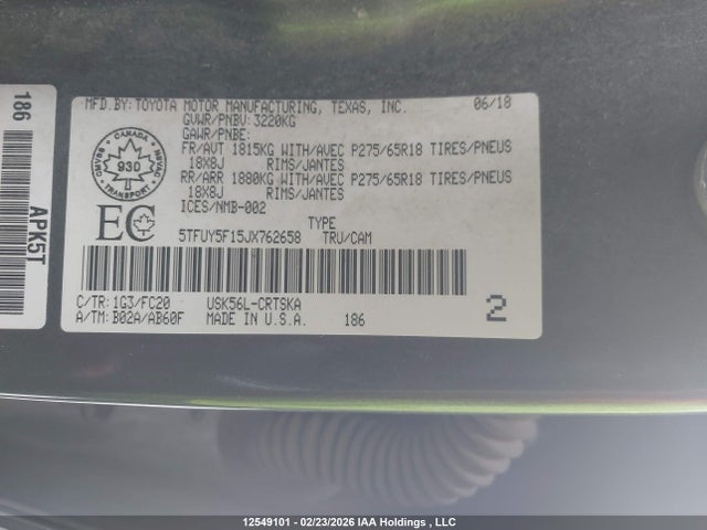 5TFUY5F15JX762658 Toyota Tundra Sr5 Plus 5.7l V8